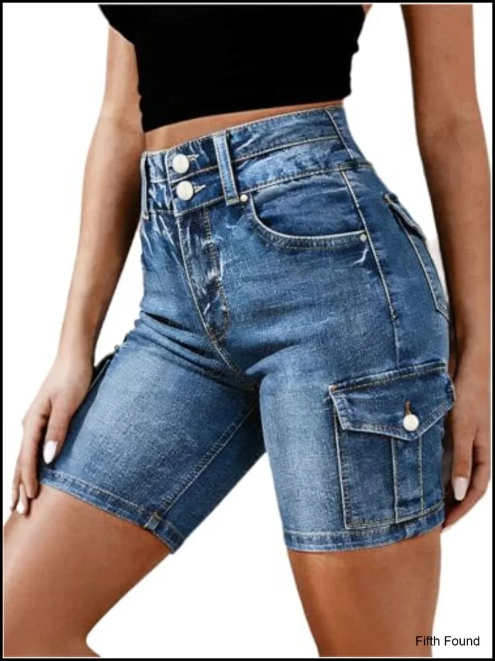 Mid Waist Denim Cargo Shorts with Flap Pockets Elastic Back